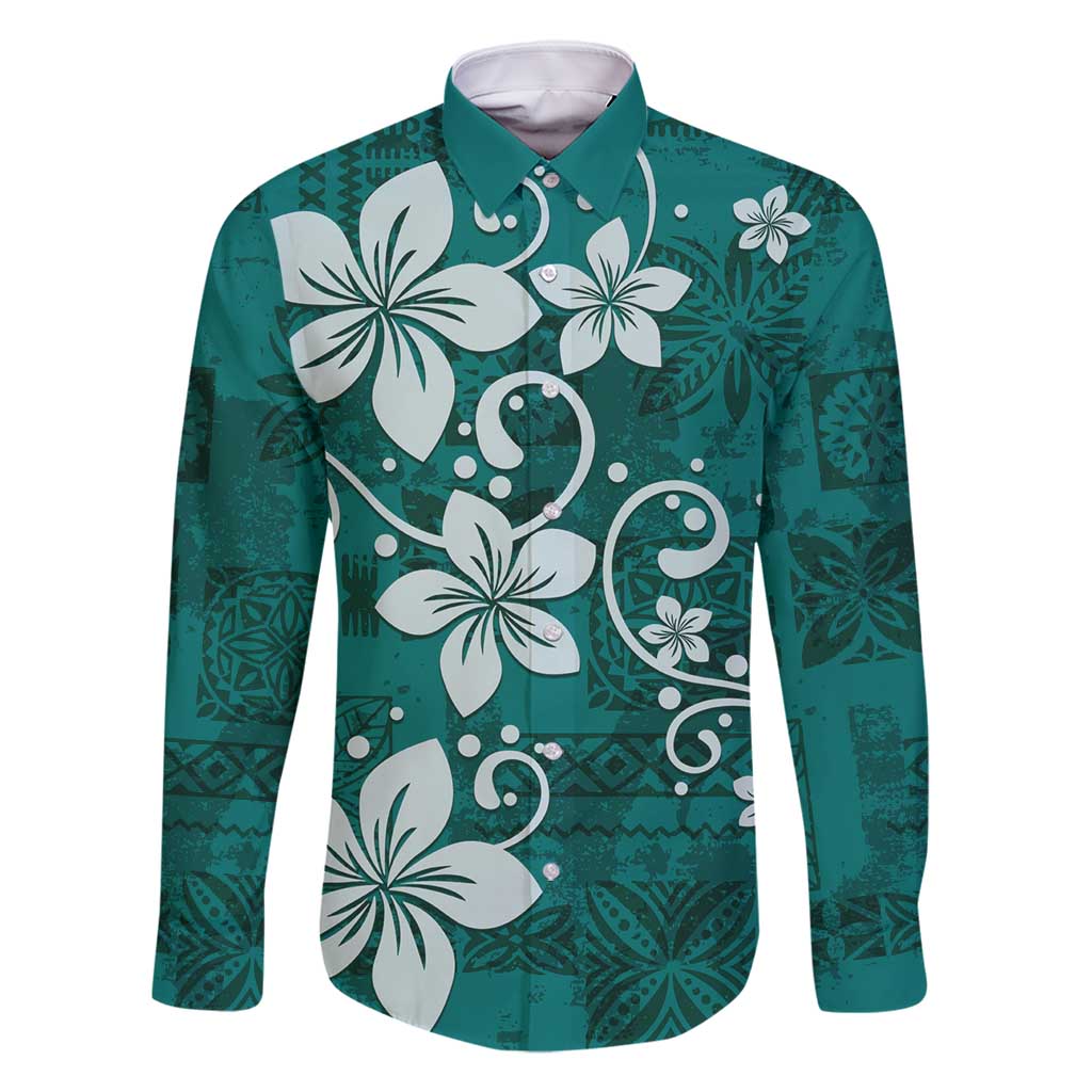 Plumeria Floral Tapa Pattern Crystal Teal Family Matching Summer Maxi Dress and Hawaiian Shirt LT01 Dad's Shirt - Long Sleeve Teal - Polynesian Pride