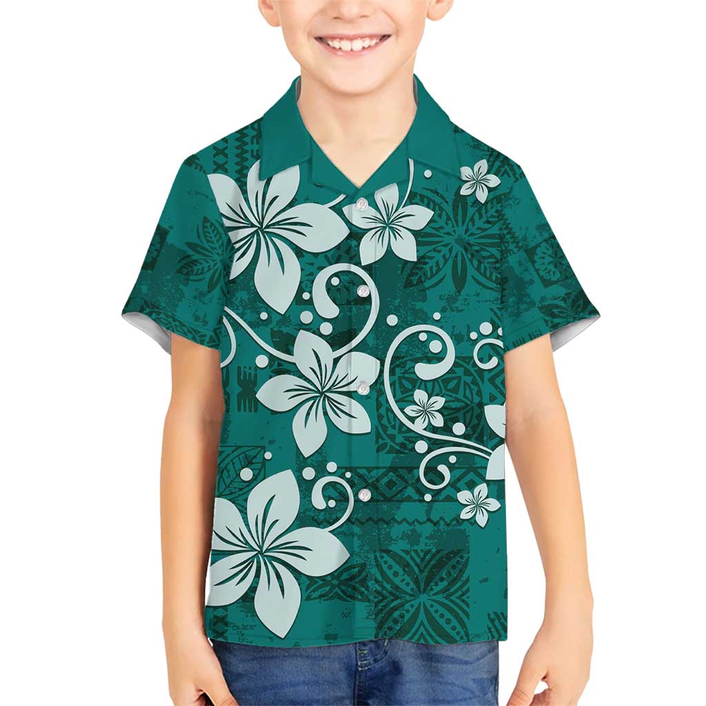 Plumeria Floral Tapa Pattern Crystal Teal Family Matching Tank Maxi Dress and Hawaiian Shirt