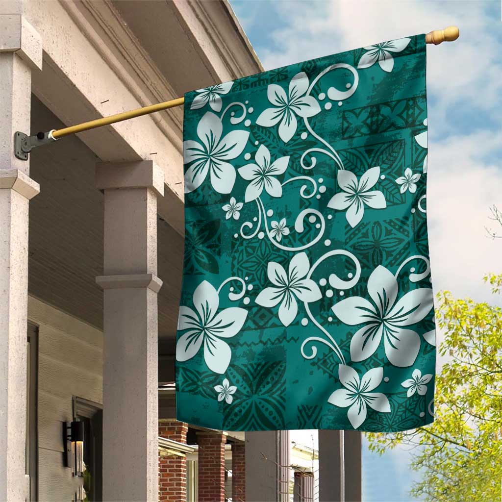 Plumeria Floral Tapa Pattern Crystal Teal Garden Flag