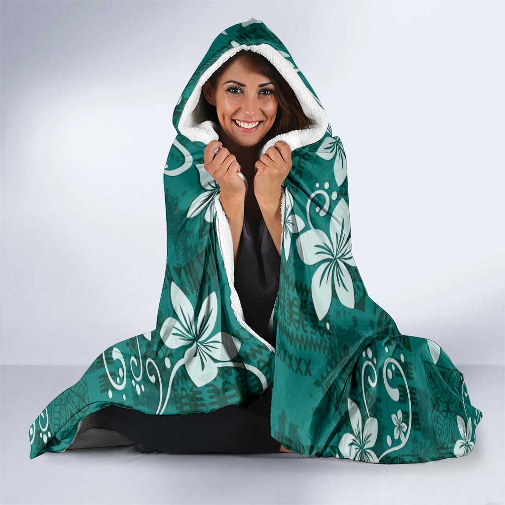 Plumeria Floral Tapa Pattern Crystal Teal Hooded Blanket