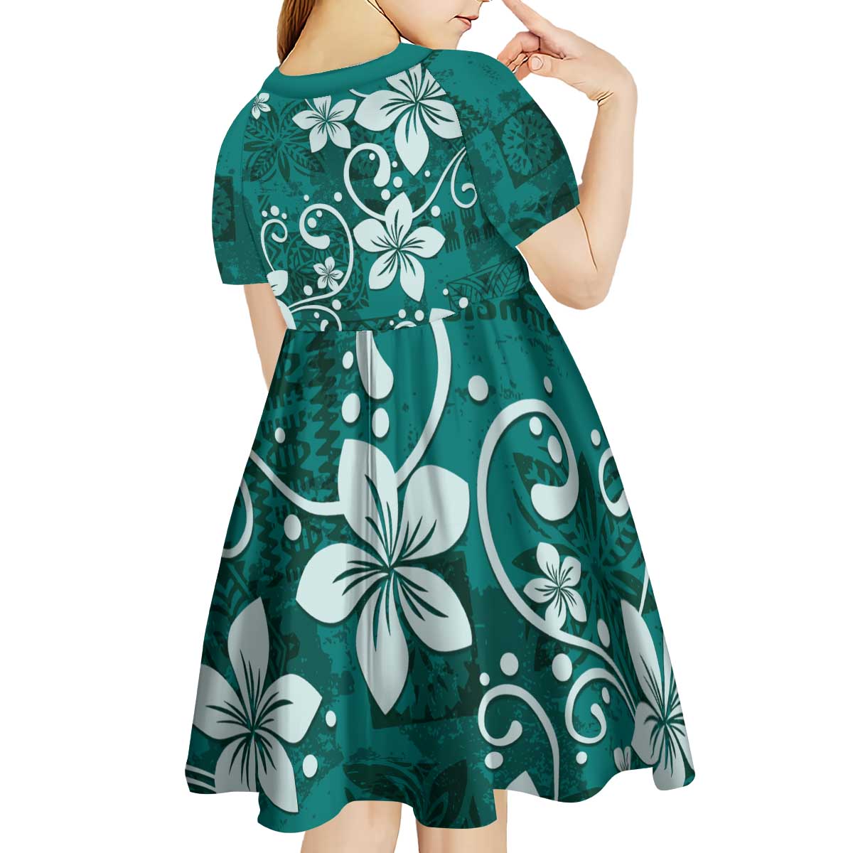 Plumeria Floral Tapa Pattern Crystal Teal Kid Short Sleeve Dress LT01 - Polynesian Pride