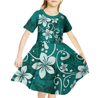 Plumeria Floral Tapa Pattern Crystal Teal Kid Short Sleeve Dress LT01 - Polynesian Pride