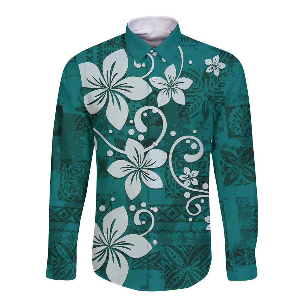 Plumeria Floral Tapa Pattern Crystal Teal Long Sleeve Button Shirt LT01 Unisex Teal - Polynesian Pride