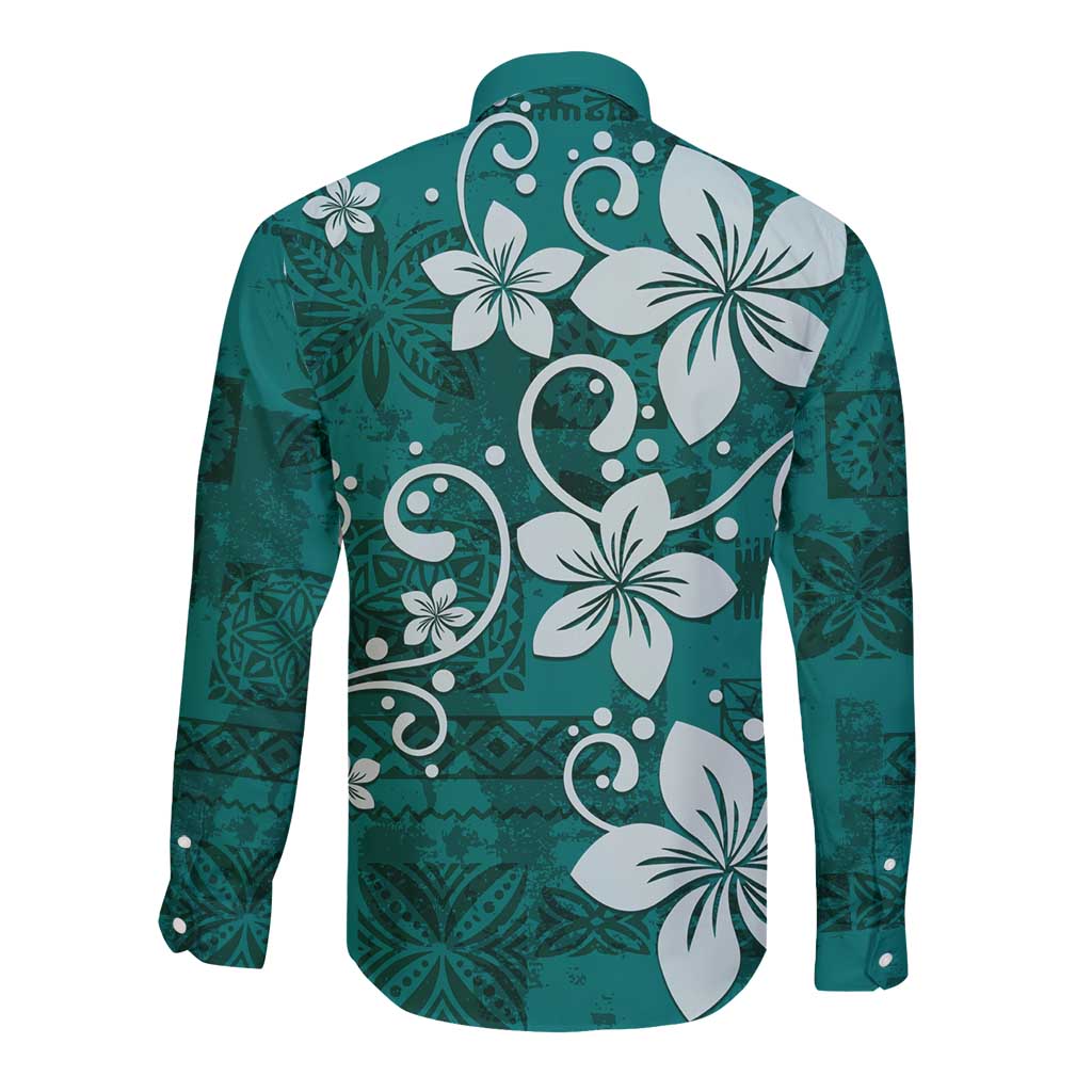 Plumeria Floral Tapa Pattern Crystal Teal Long Sleeve Button Shirt LT01 - Polynesian Pride