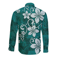 Plumeria Floral Tapa Pattern Crystal Teal Long Sleeve Button Shirt LT01 - Polynesian Pride