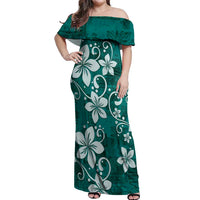 Plumeria Floral Tapa Pattern Crystal Teal Off Shoulder Maxi Dress