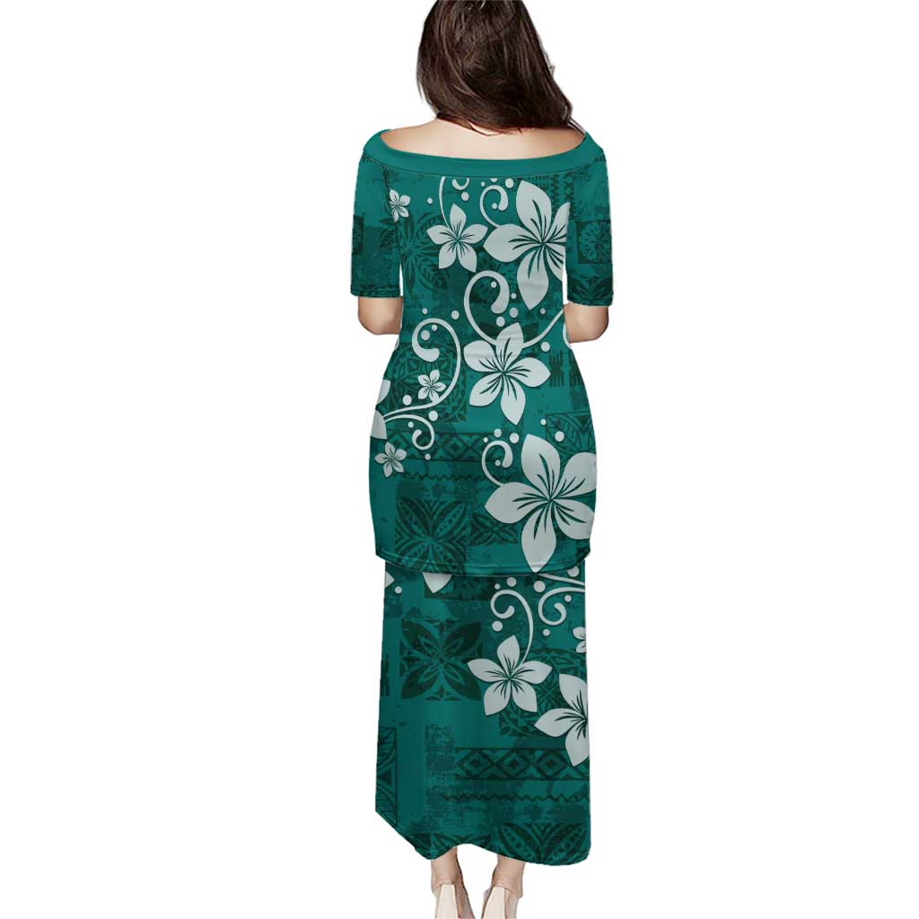 Plumeria Floral Tapa Pattern Crystal Teal Puletasi