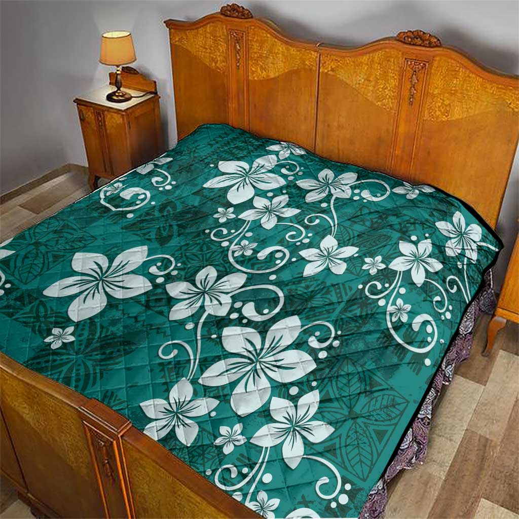 Plumeria Floral Tapa Pattern Crystal Teal Quilt LT01 - Polynesian Pride