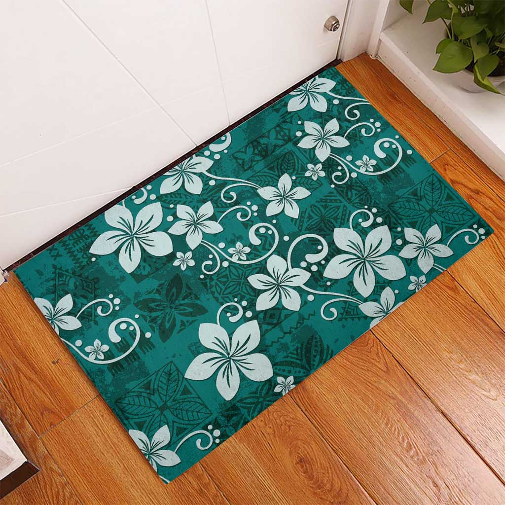 Plumeria Floral Tapa Pattern Crystal Teal Rubber Doormat
