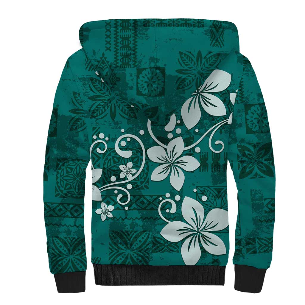 Plumeria Floral Tapa Pattern Crystal Teal Sherpa Hoodie