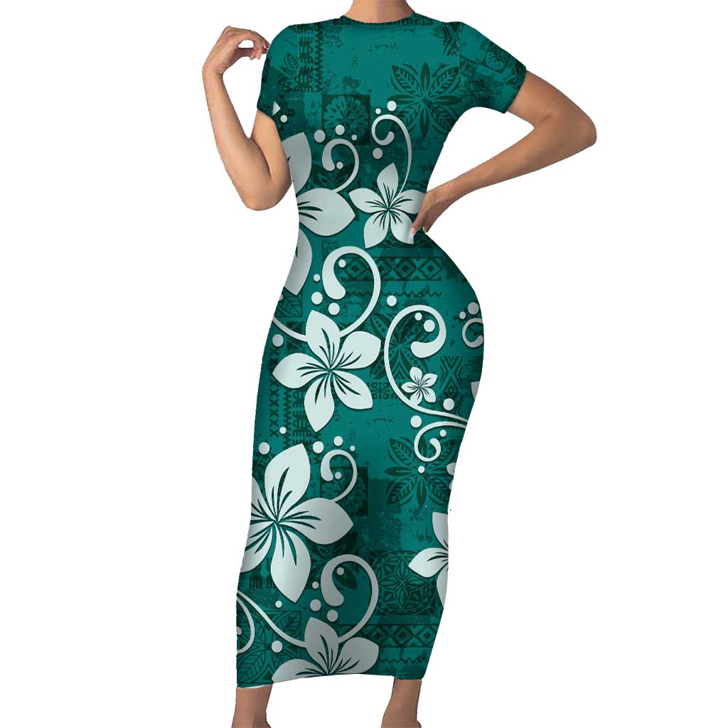 Plumeria Floral Tapa Pattern Crystal Teal Short Sleeve Bodycon Dress LT01 Long Dress Teal - Polynesian Pride