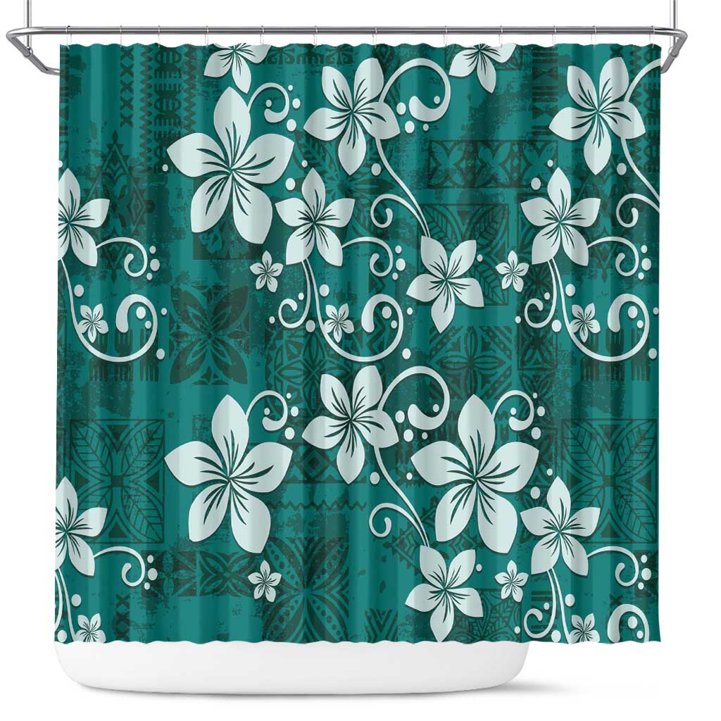 Plumeria Floral Tapa Pattern Crystal Teal Shower Curtain LT01 Teal - Polynesian Pride