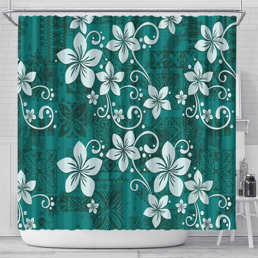Plumeria Floral Tapa Pattern Crystal Teal Shower Curtain LT01 - Polynesian Pride