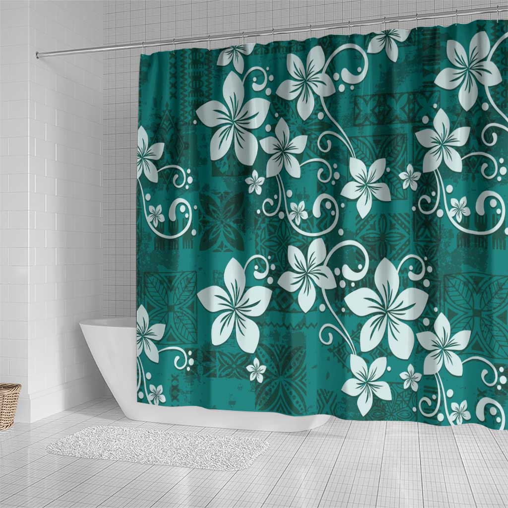 Plumeria Floral Tapa Pattern Crystal Teal Shower Curtain LT01 - Polynesian Pride