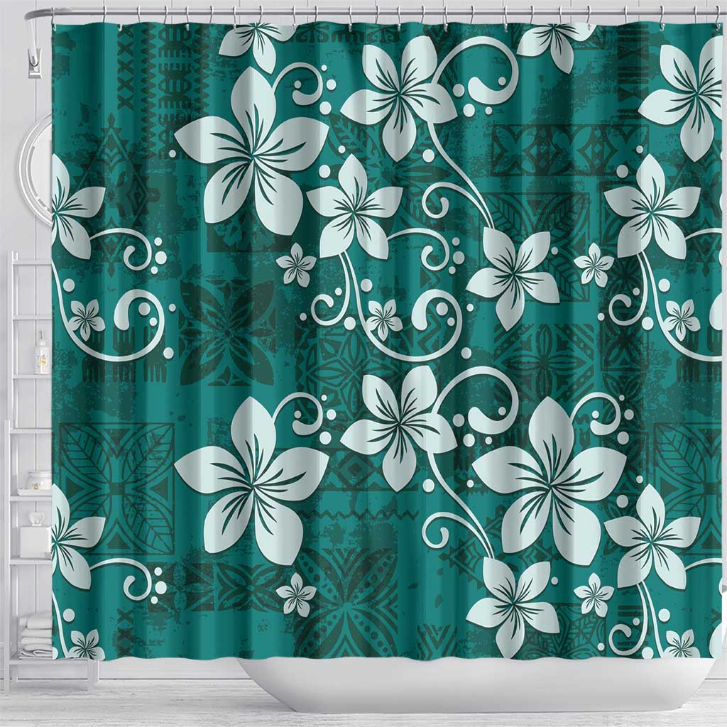 Plumeria Floral Tapa Pattern Crystal Teal Shower Curtain LT01 - Polynesian Pride