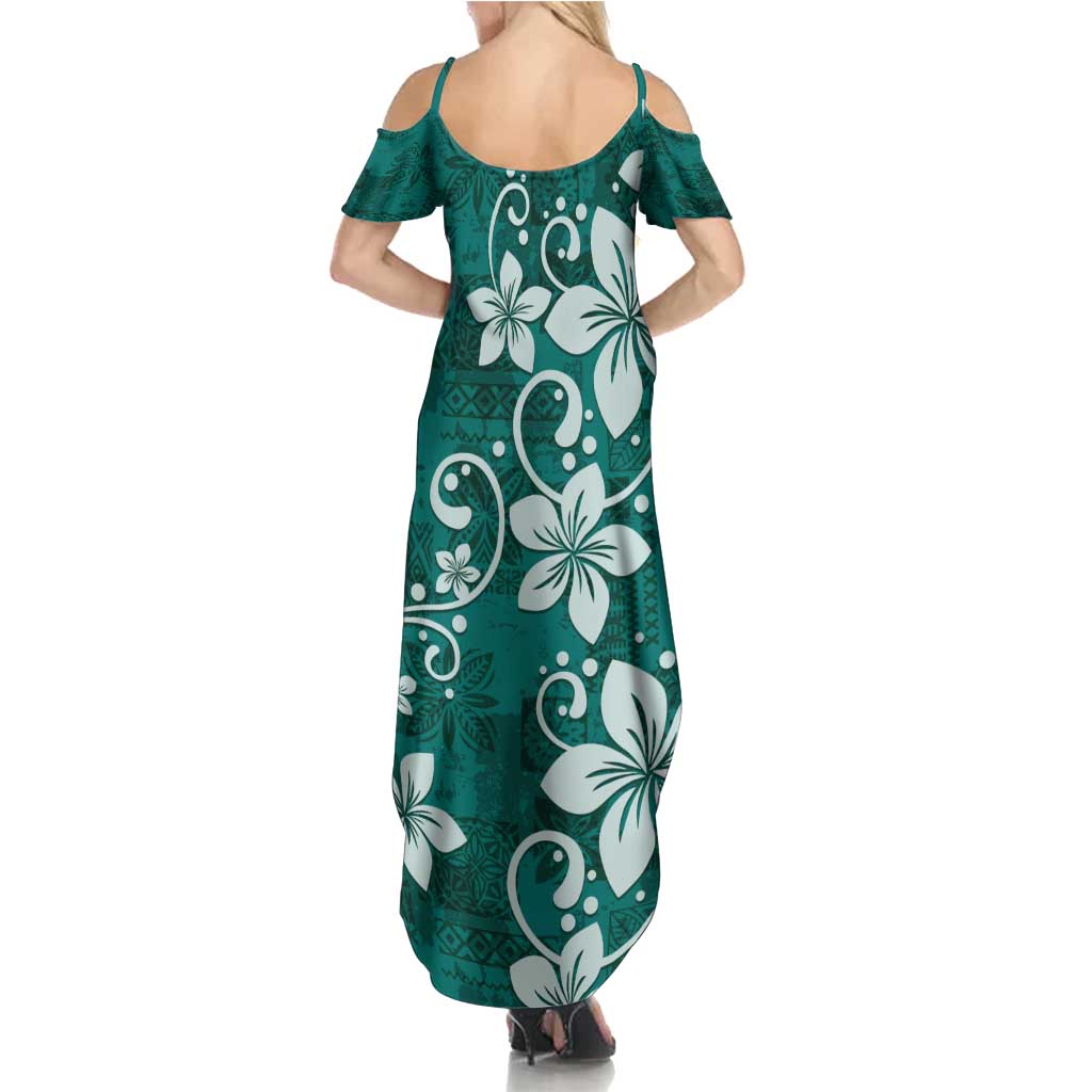 Plumeria Floral Tapa Pattern Crystal Teal Summer Maxi Dress