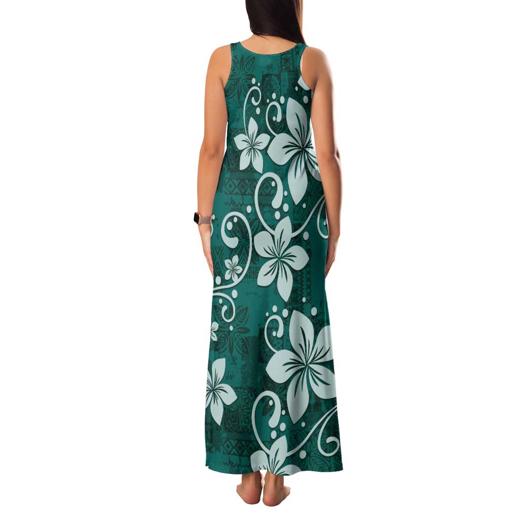 Plumeria Floral Tapa Pattern Crystal Teal Tank Maxi Dress