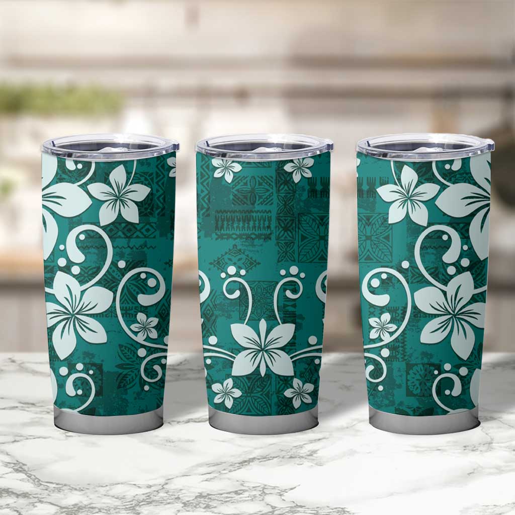 Plumeria Floral Tapa Pattern Crystal Teal Tumbler Cup