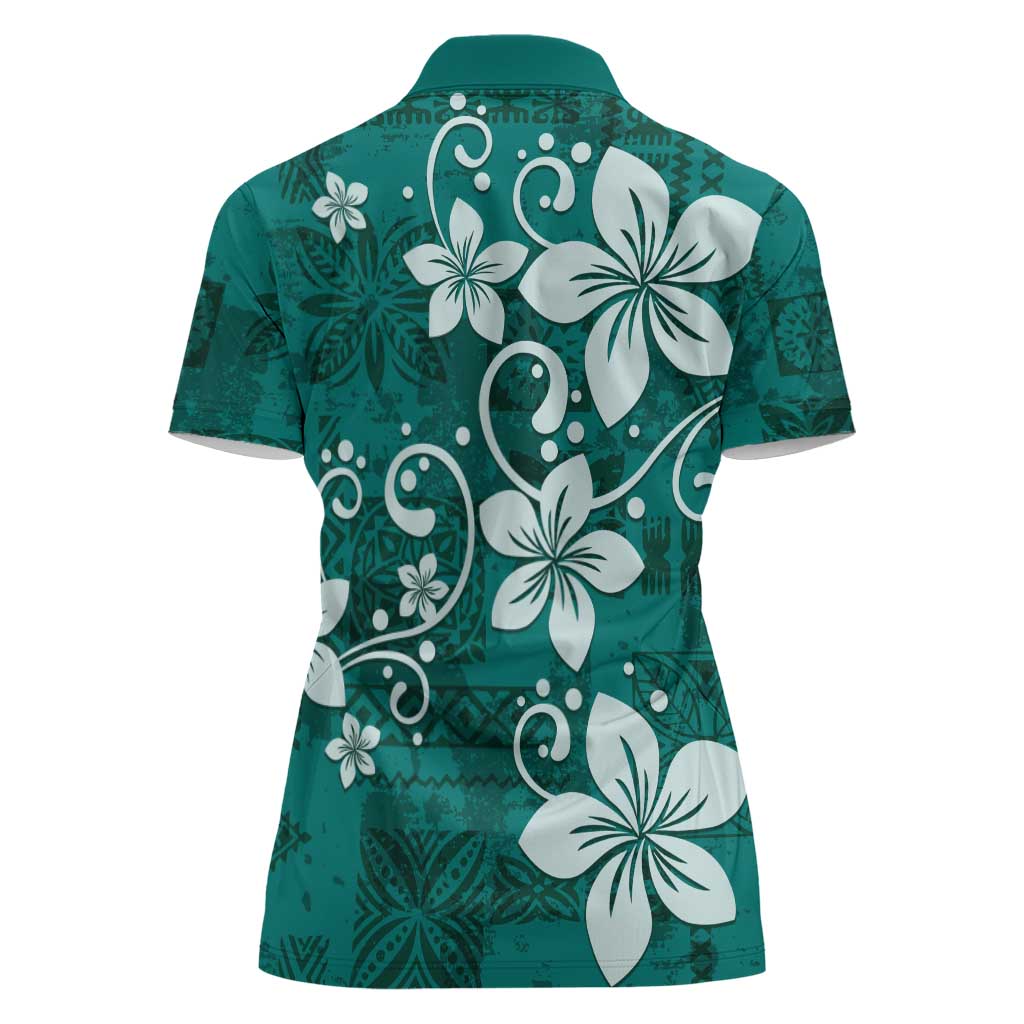 Plumeria Floral Tapa Pattern Crystal Teal Women Polo Shirt