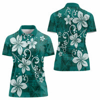 Plumeria Floral Tapa Pattern Crystal Teal Women Polo Shirt