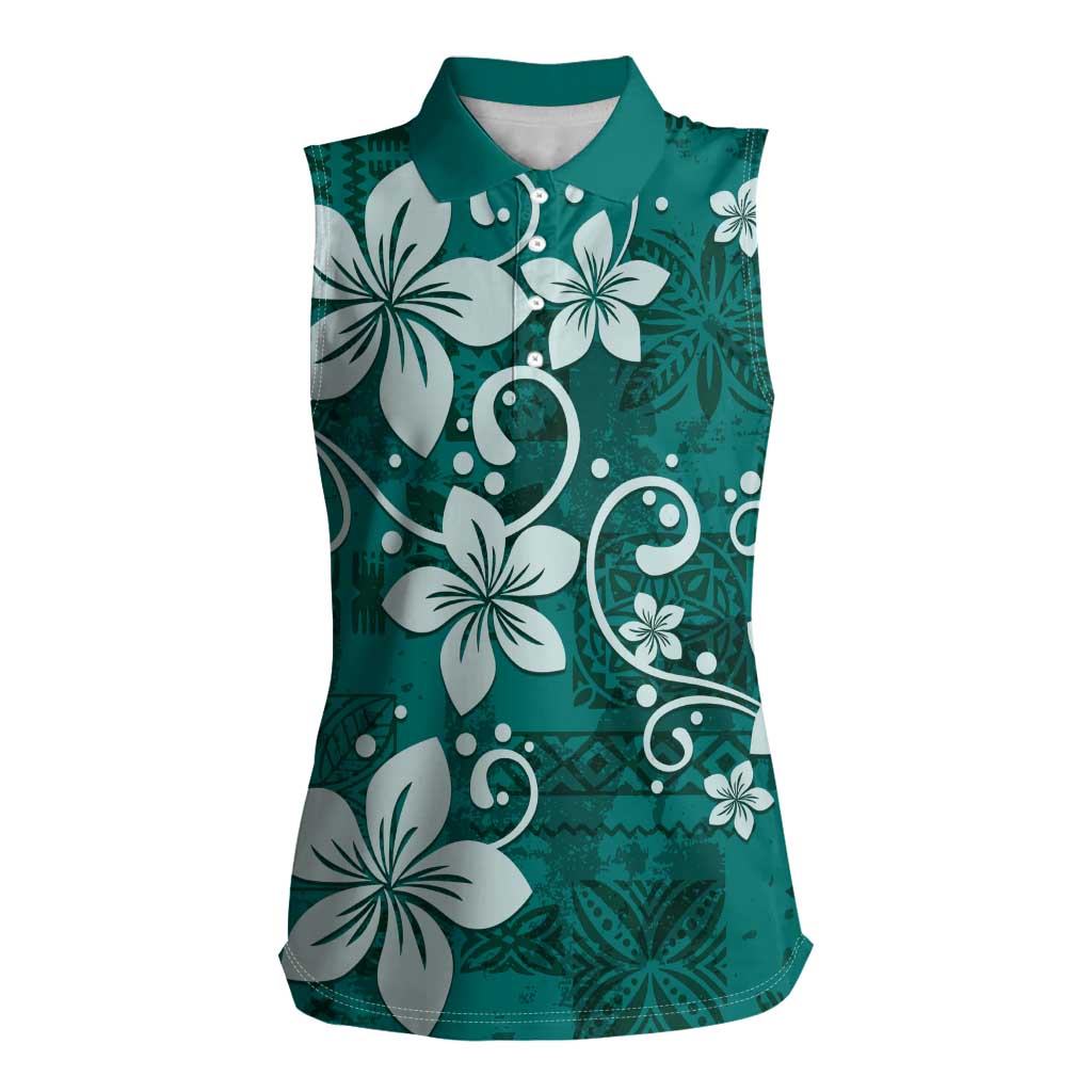 Plumeria Floral Tapa Pattern Crystal Teal Women Sleeveless Polo Shirt LT01 Female Teal - Polynesian Pride