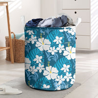 Blue Hawaiian Hibiscus Monstera Laundry Basket Grunge Stylized LT01 Blue - Polynesian Pride