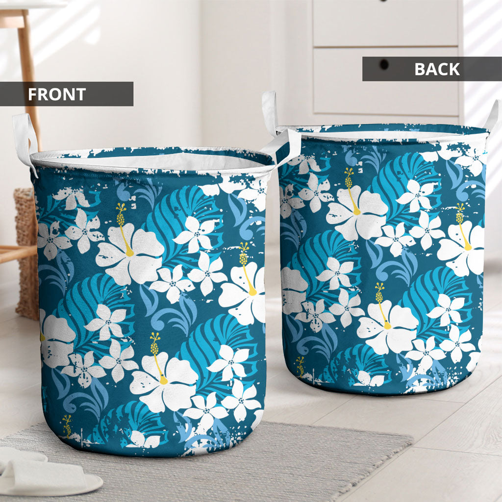 Blue Hawaiian Hibiscus Monstera Laundry Basket Grunge Stylized LT01 - Polynesian Pride