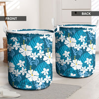 Blue Hawaiian Hibiscus Monstera Laundry Basket Grunge Stylized LT01 - Polynesian Pride