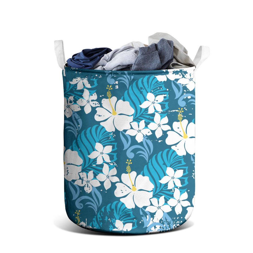 Blue Hawaiian Hibiscus Monstera Laundry Basket Grunge Stylized LT01 - Polynesian Pride
