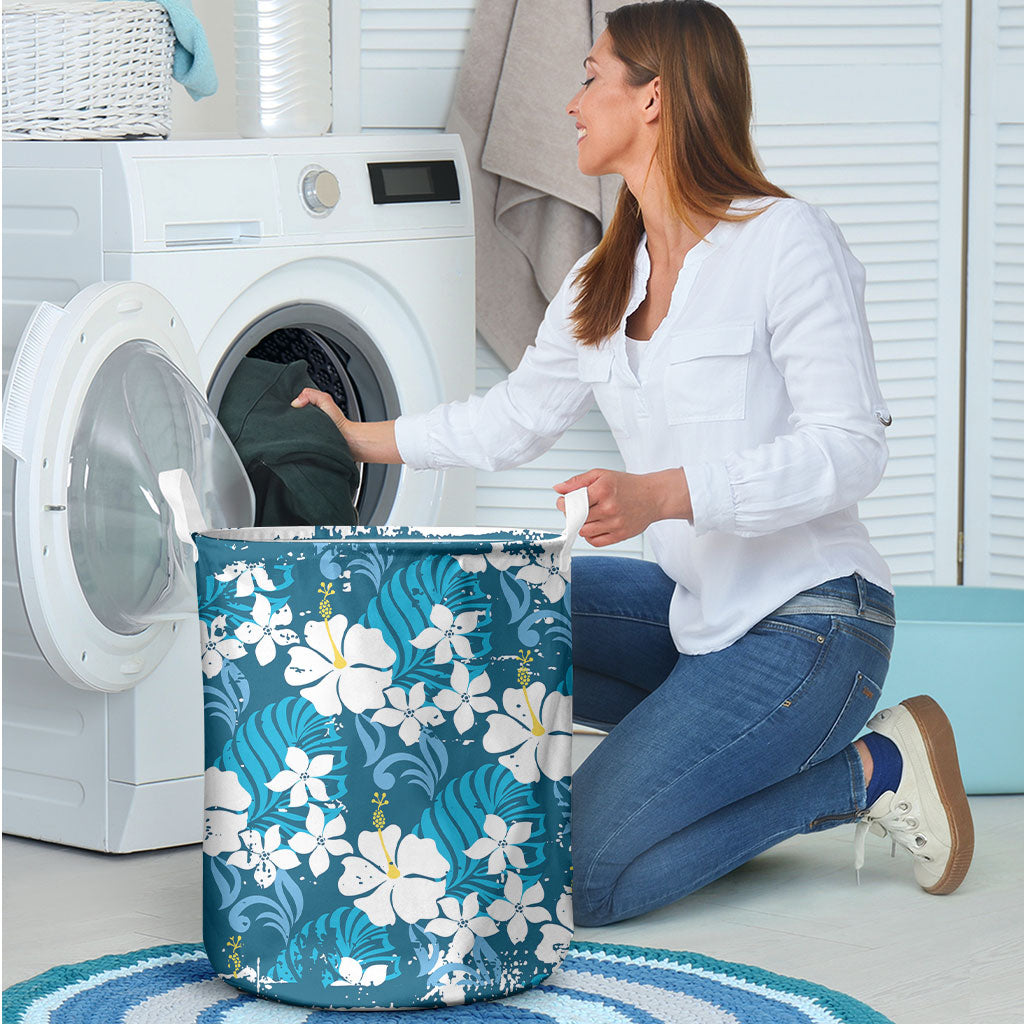 Blue Hawaiian Hibiscus Monstera Laundry Basket Grunge Stylized LT01 - Polynesian Pride