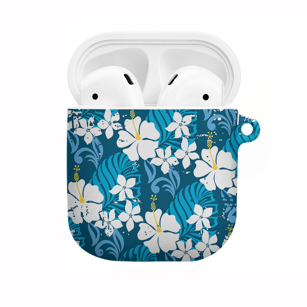 Blue Hawaiian Hibiscus Monstera AirPods Case Grunge Stylized LT01 Blue - Polynesian Pride