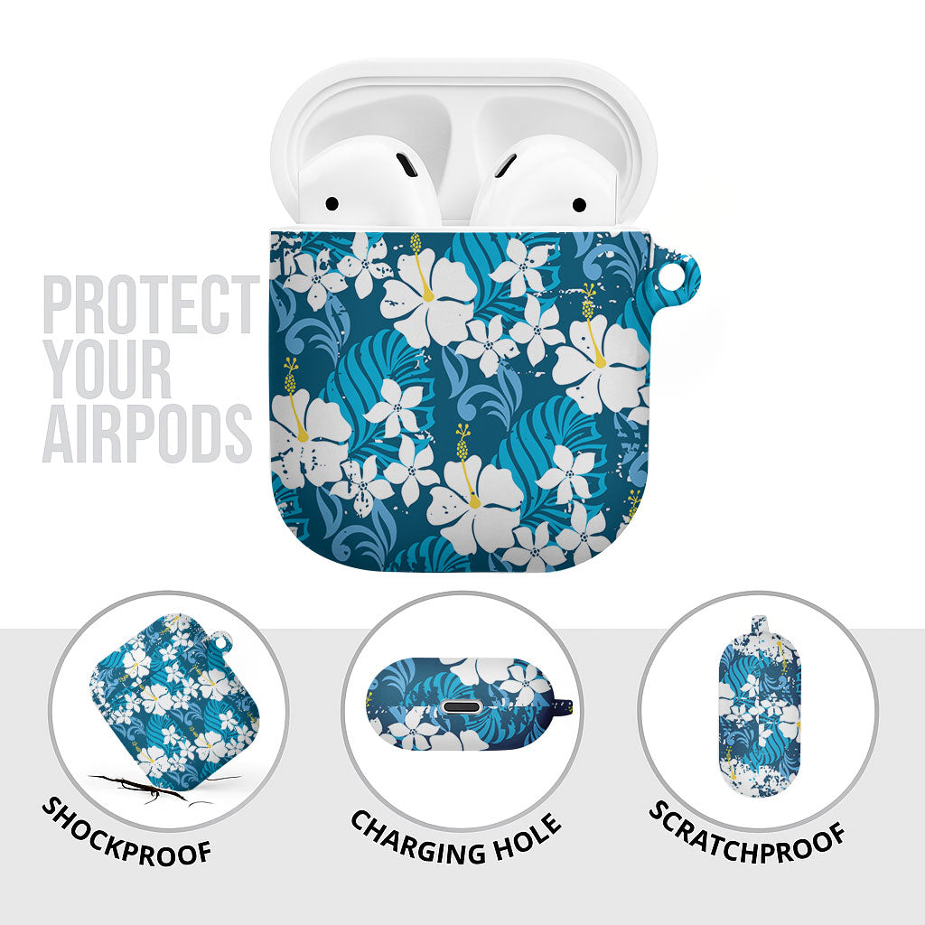 Blue Hawaiian Hibiscus Monstera AirPods Case Grunge Stylized LT01 - Polynesian Pride