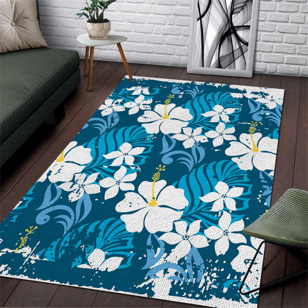Blue Hawaiian Hibiscus Monstera Area Rug Grunge Stylized LT01 Blue - Polynesian Pride