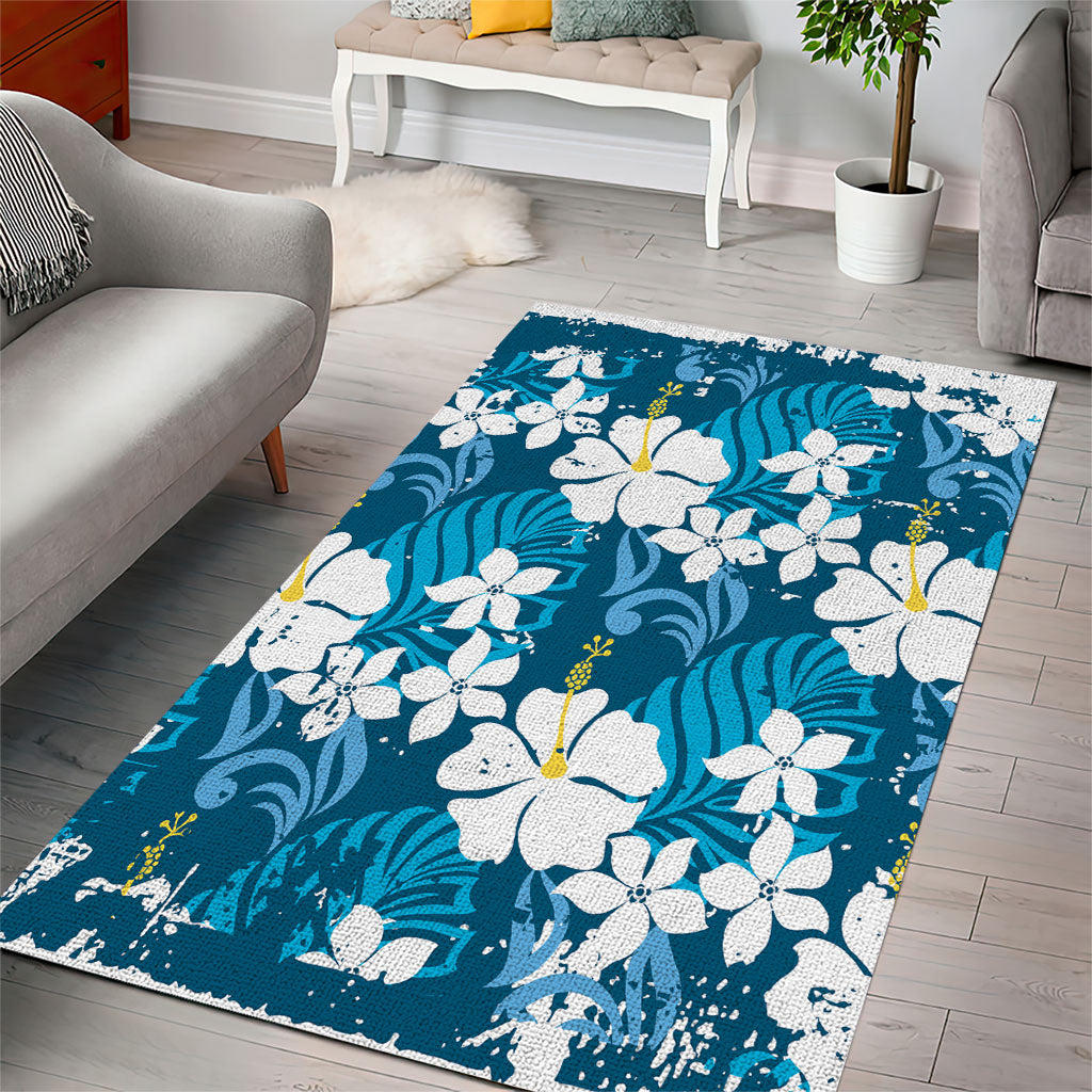 Blue Hawaiian Hibiscus Monstera Area Rug Grunge Stylized LT01 - Polynesian Pride