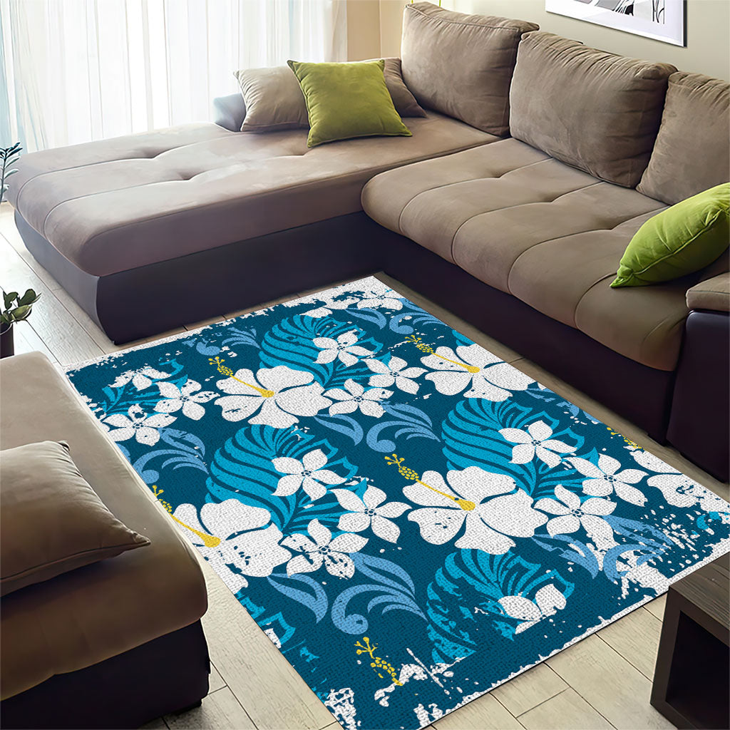 Blue Hawaiian Hibiscus Monstera Area Rug Grunge Stylized LT01 - Polynesian Pride