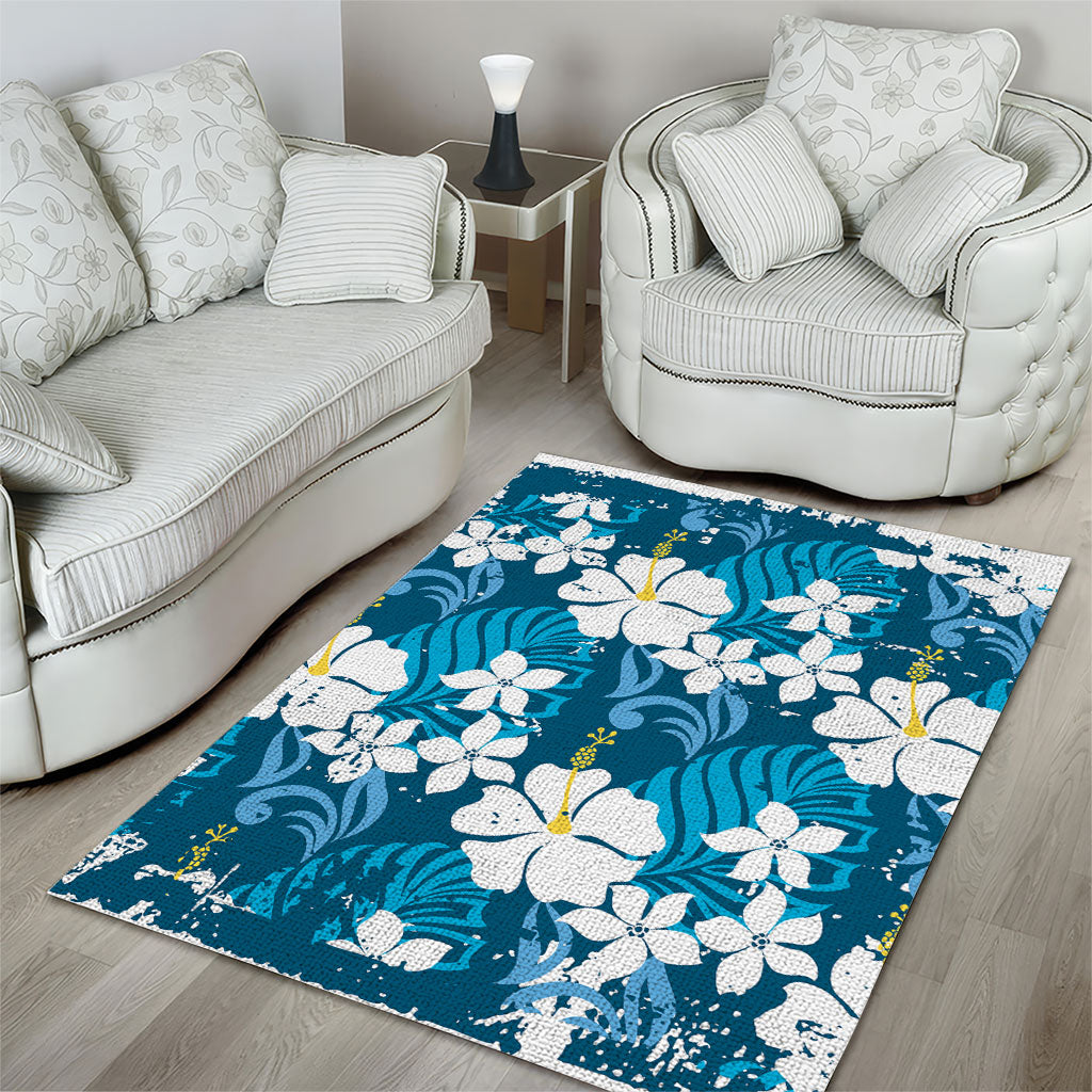 Blue Hawaiian Hibiscus Monstera Area Rug Grunge Stylized LT01 - Polynesian Pride