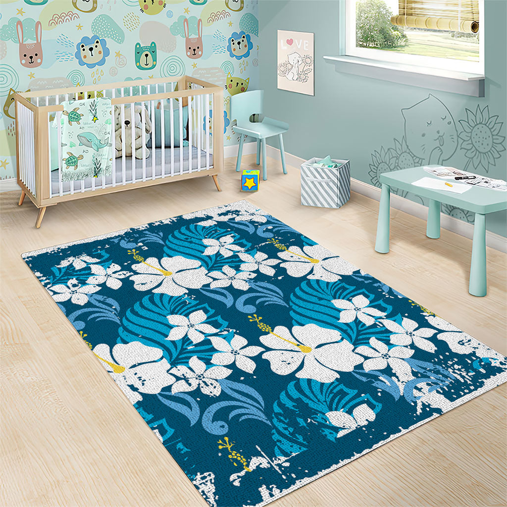 Blue Hawaiian Hibiscus Monstera Area Rug Grunge Stylized LT01 - Polynesian Pride