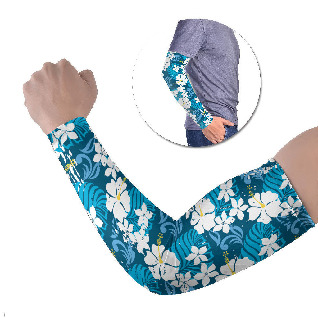 Blue Hawaiian Hibiscus Monstera Arm Sleeves Grunge Stylized LT01 Set of 2 Blue - Polynesian Pride