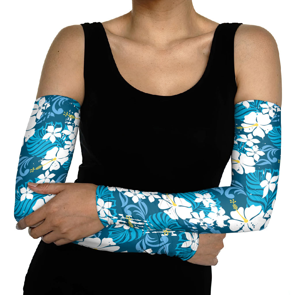 Blue Hawaiian Hibiscus Monstera Arm Sleeves Grunge Stylized LT01 - Polynesian Pride