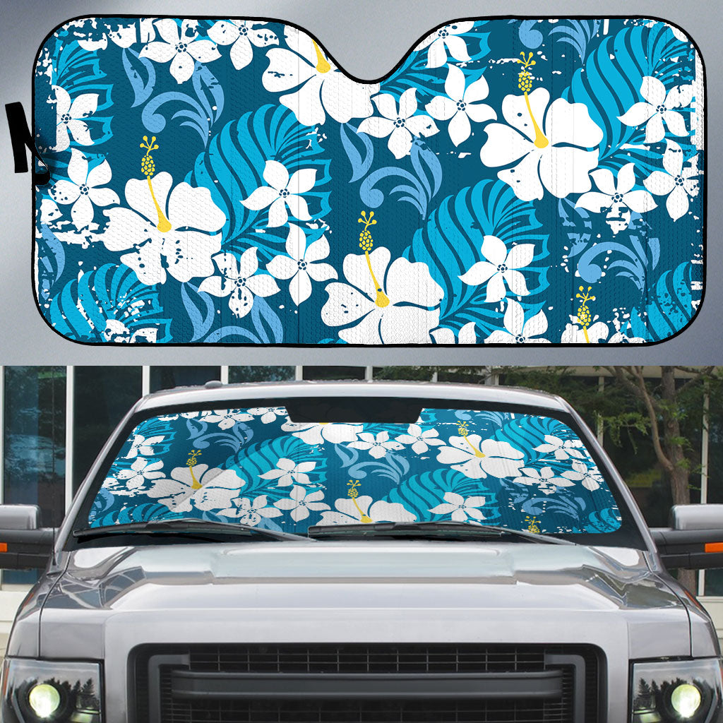Blue Hawaiian Hibiscus Monstera Auto Sun Shade Grunge Stylized LT01 Blue - Polynesian Pride