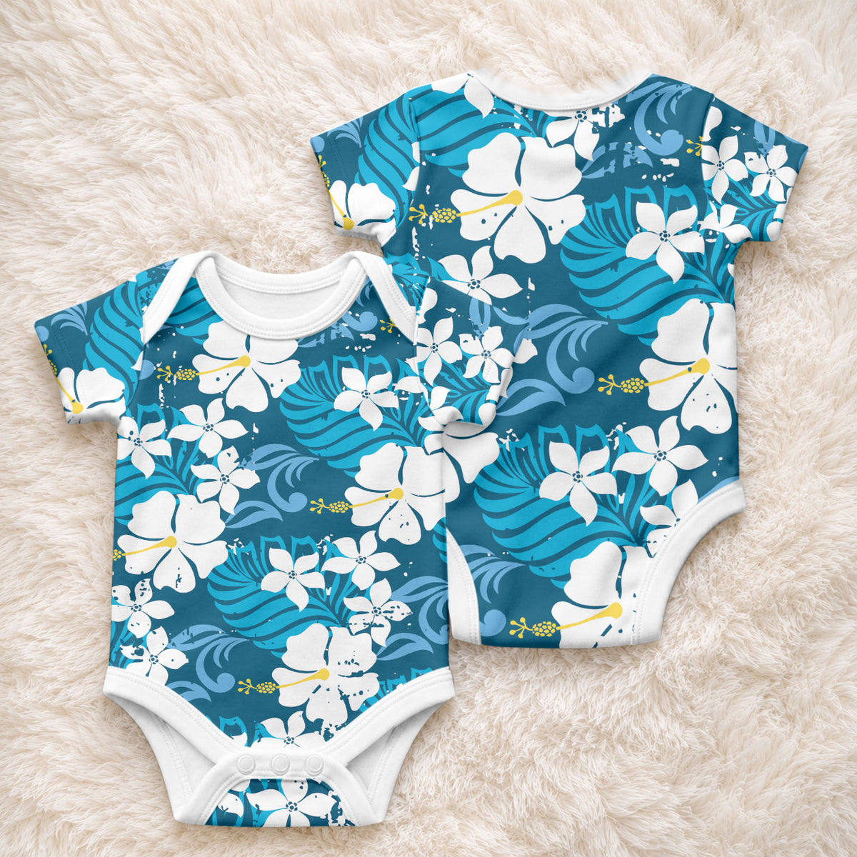 Blue Hawaiian Hibiscus Monstera Baby Onesie Grunge Stylized LT01 - Polynesian Pride