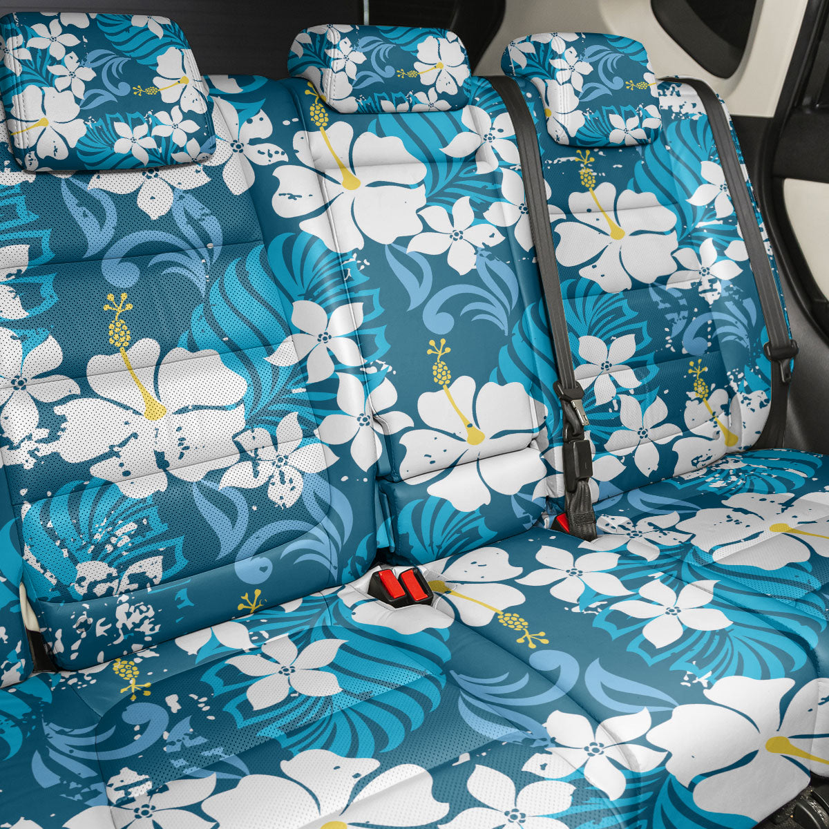 Blue Hawaiian Hibiscus Monstera Back Car Seat Cover Grunge Stylized LT01 - Polynesian Pride