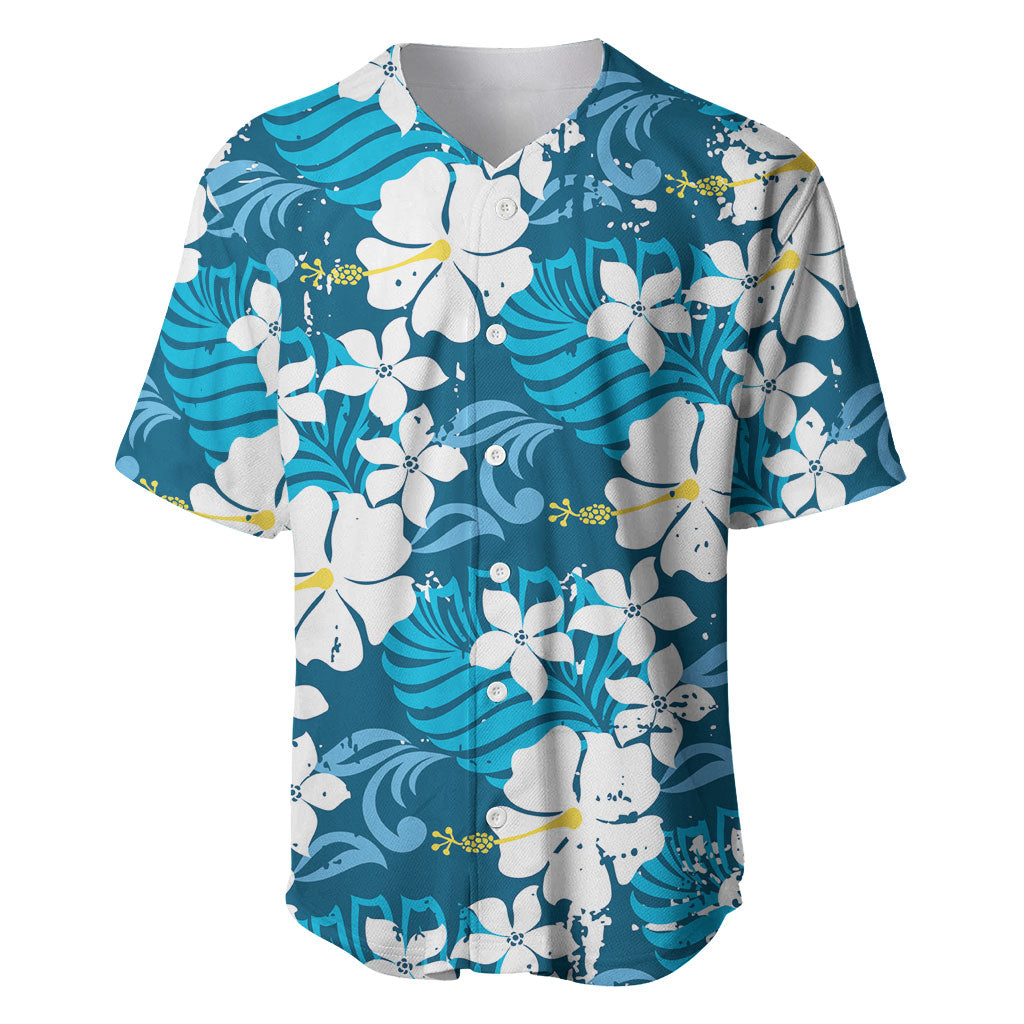 Blue Hawaiian Hibiscus Monstera Baseball Jersey Grunge Stylized LT01 Blue - Polynesian Pride