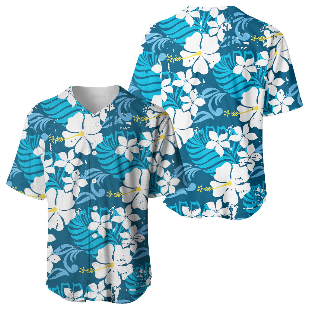 Blue Hawaiian Hibiscus Monstera Baseball Jersey Grunge Stylized LT01 - Polynesian Pride