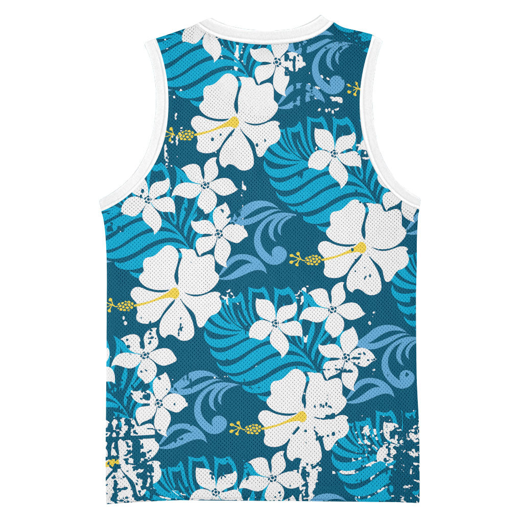 Blue Hawaiian Hibiscus Monstera Basketball Jersey Grunge Stylized LT01 - Polynesian Pride