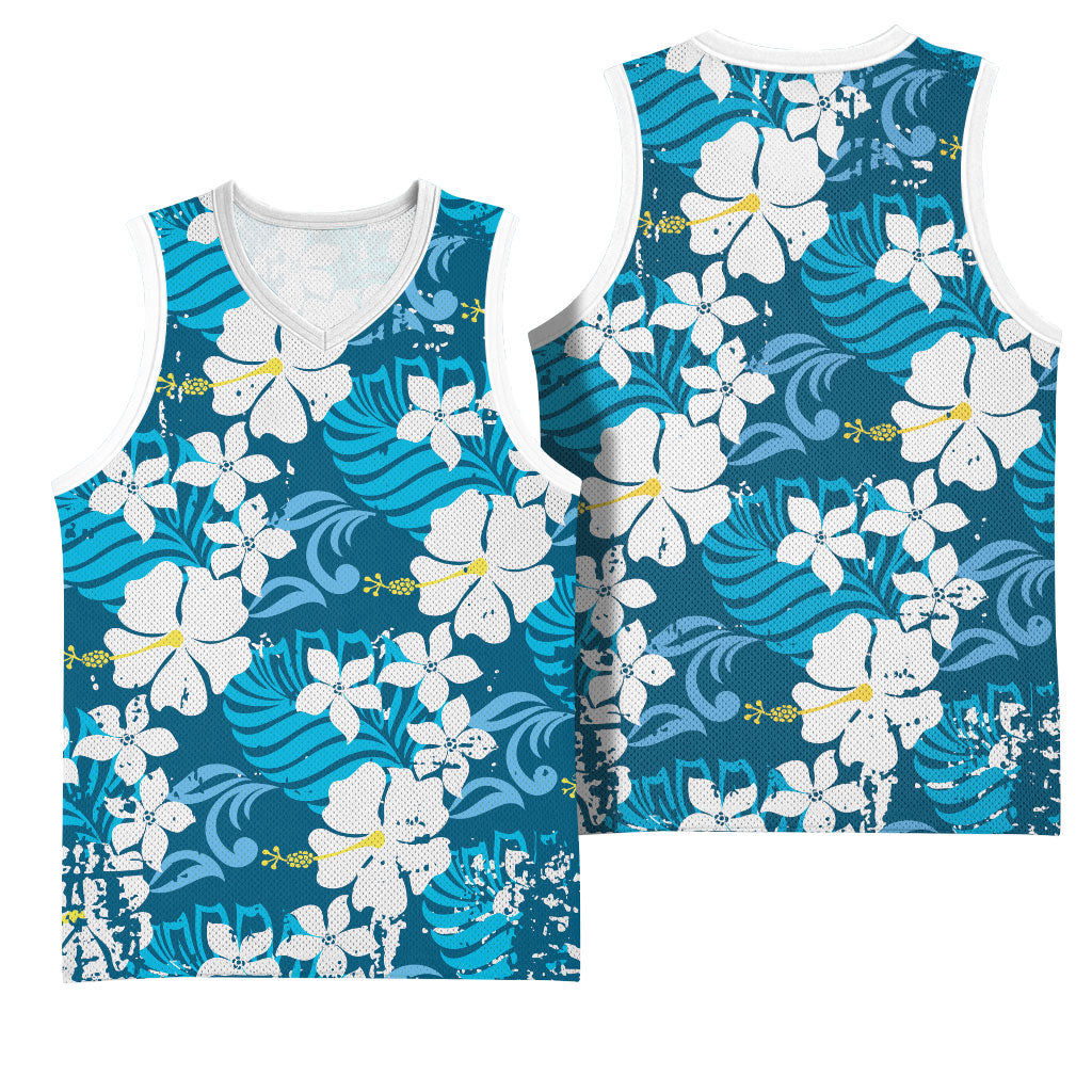 Blue Hawaiian Hibiscus Monstera Basketball Jersey Grunge Stylized LT01 - Polynesian Pride