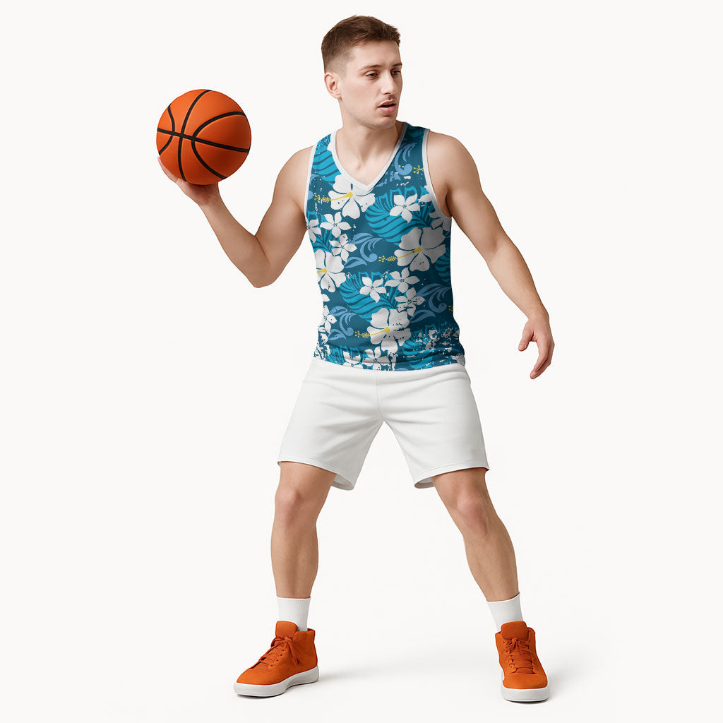 Blue Hawaiian Hibiscus Monstera Basketball Jersey Grunge Stylized LT01 - Polynesian Pride