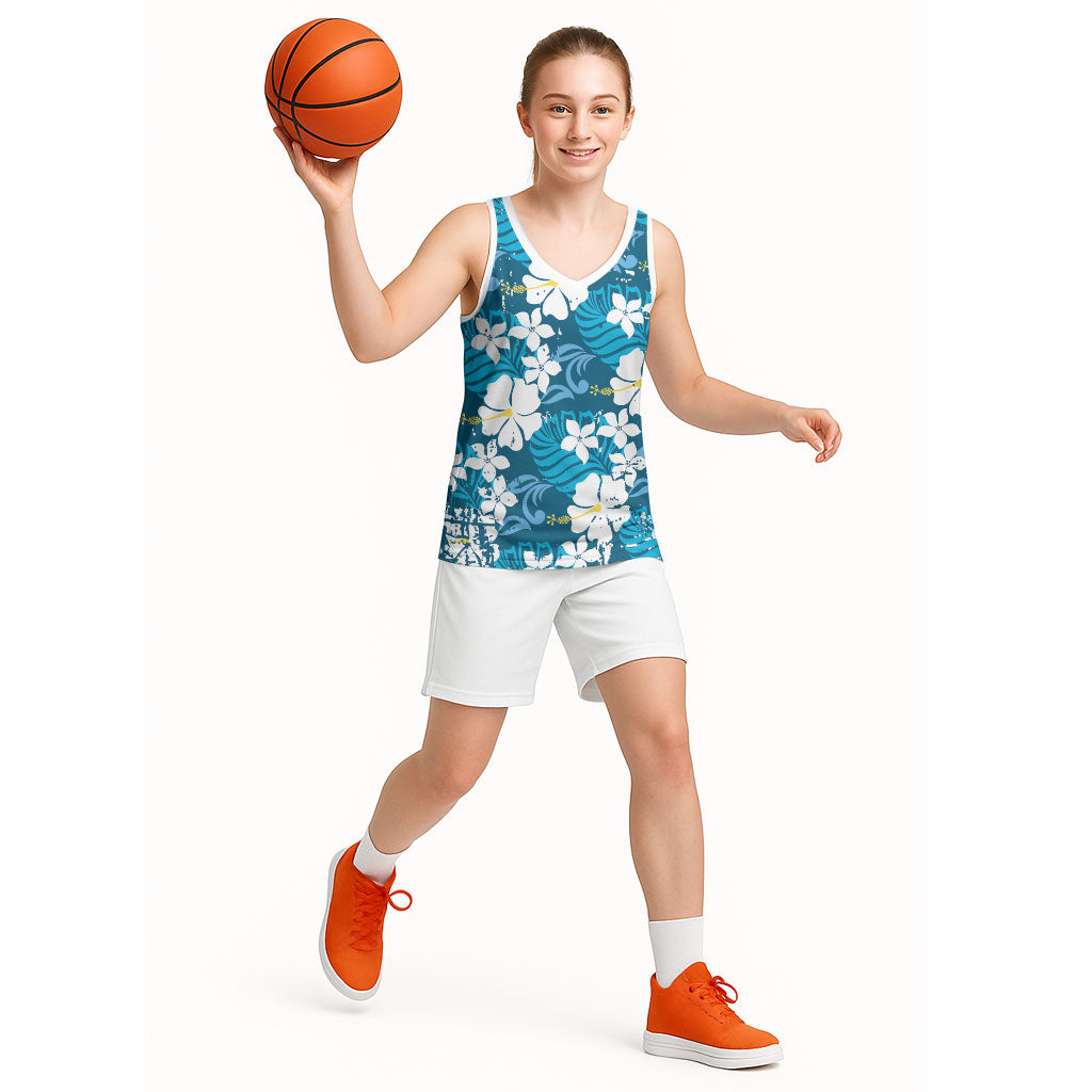 Blue Hawaiian Hibiscus Monstera Basketball Jersey Grunge Stylized LT01 - Polynesian Pride