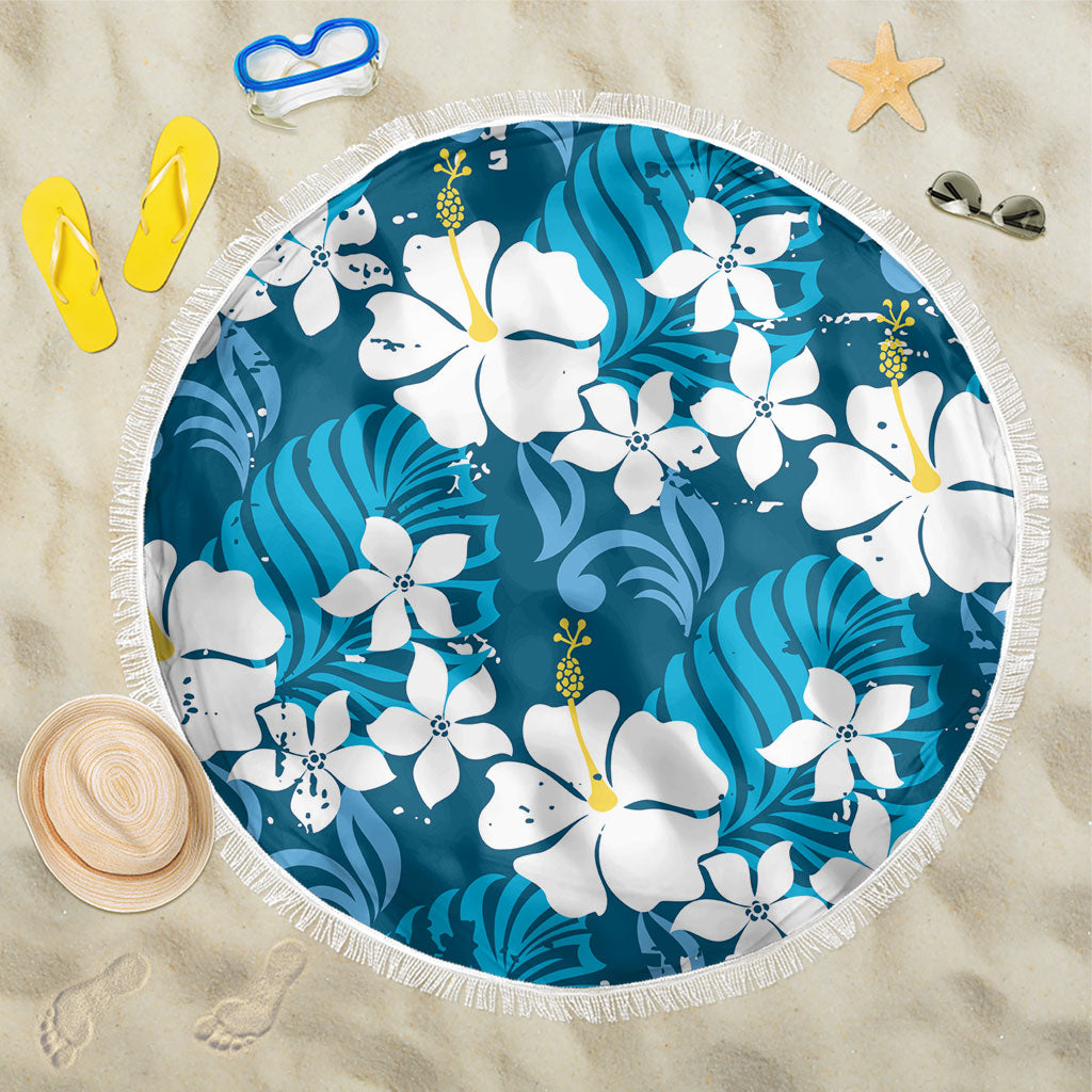 Blue Hawaiian Hibiscus Monstera Beach Blanket Grunge Stylized LT01 One Size 150cm Blue - Polynesian Pride
