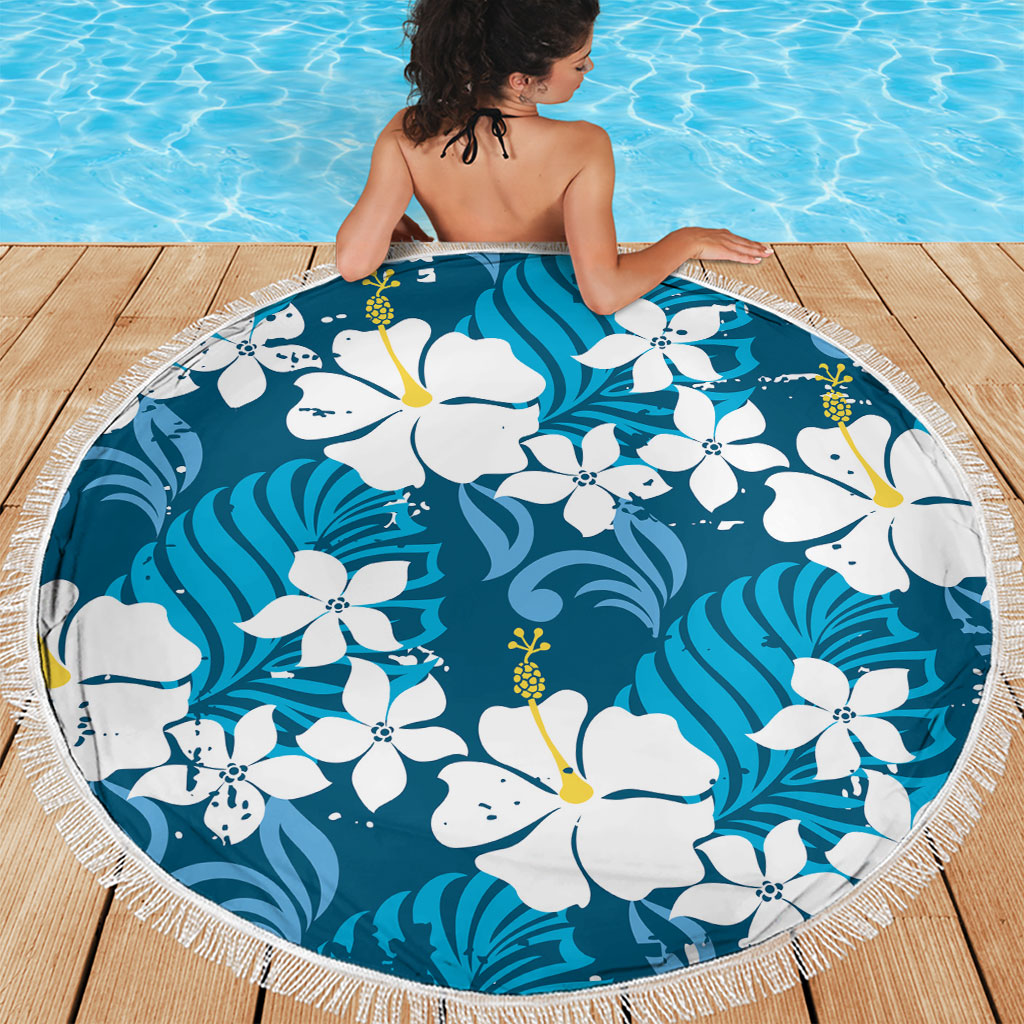 Blue Hawaiian Hibiscus Monstera Beach Blanket Grunge Stylized LT01 - Polynesian Pride